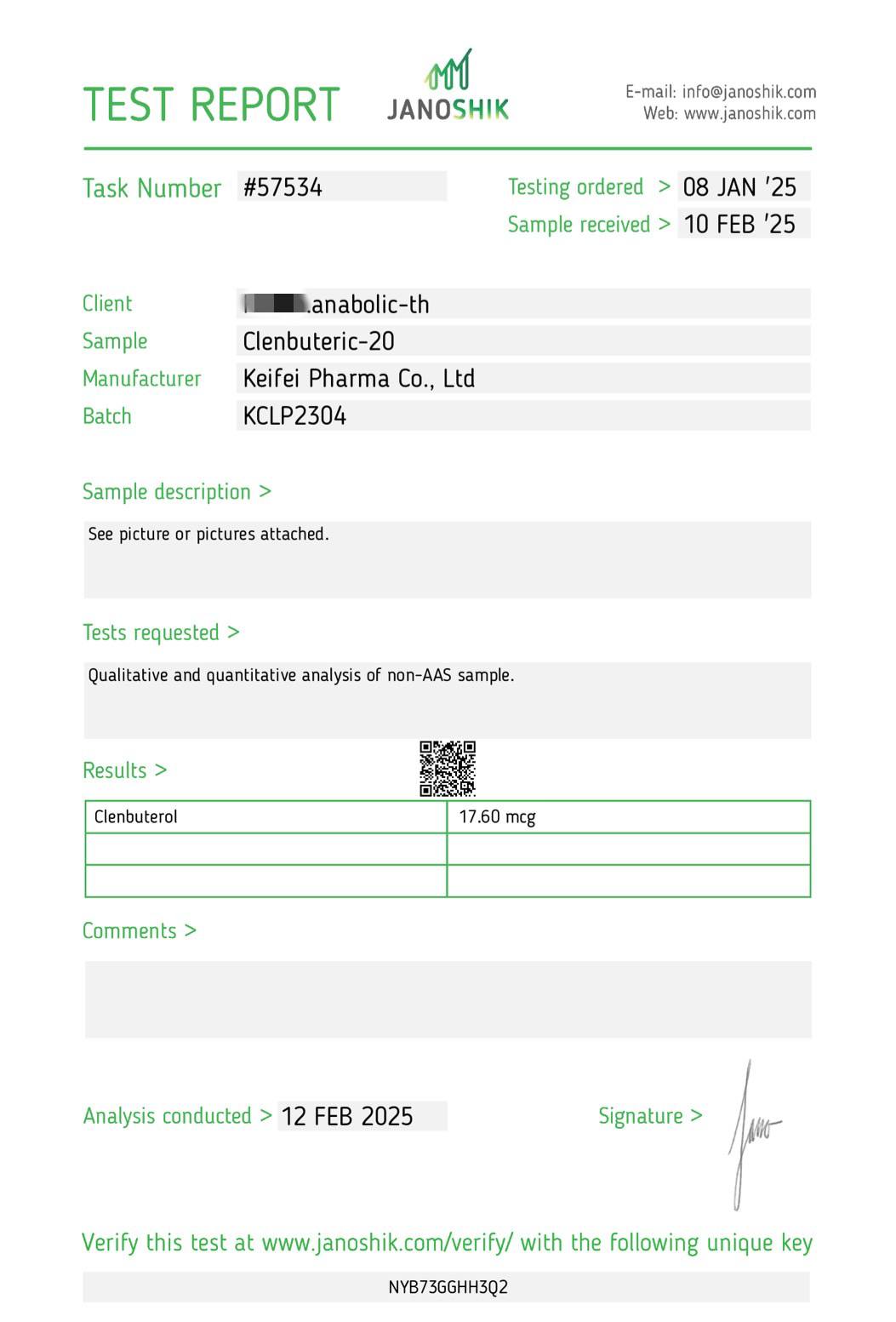 TEST REPORT – Clen20 Keifei Pharma