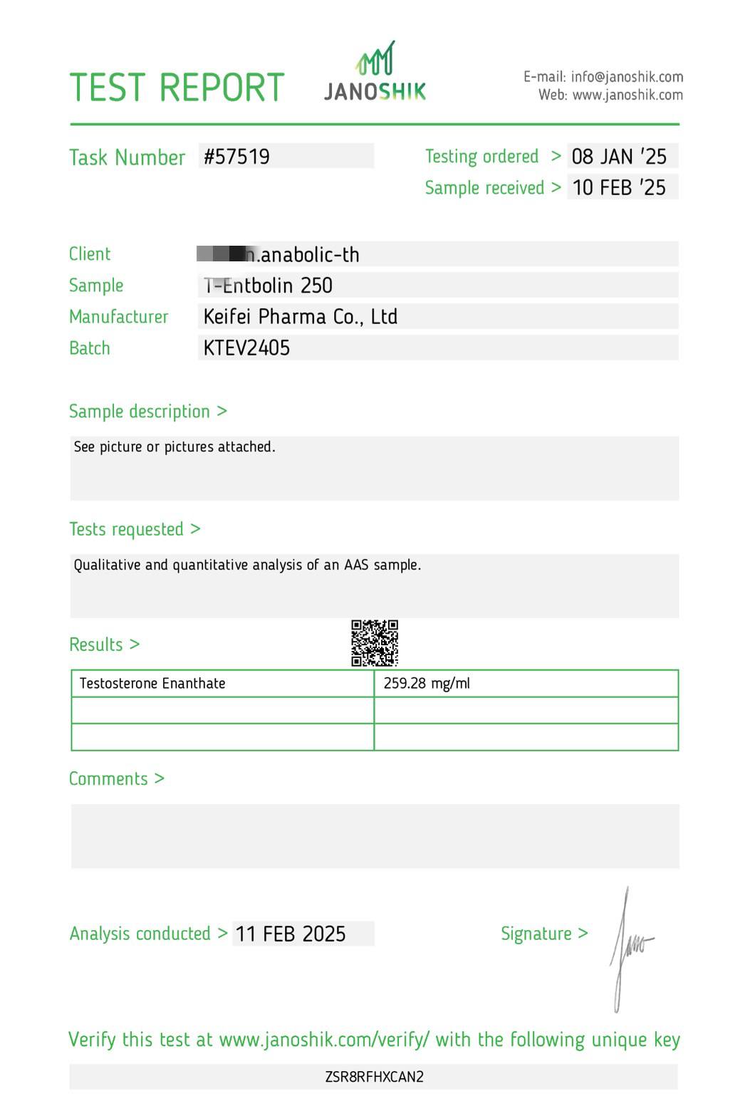 TEST REPORT – TEST250 Keifei Pharma